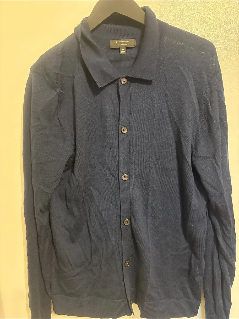 Banana Republic Men's Navy Button-Front Collared Cardigan 100% merino wool